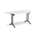 Semi circular folding leg table with black legs and curved foot rails 1600mm x 800mm - white
