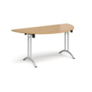 Semi circular folding leg table with silver legs and curved foot rails 1600mm x 800mm - oak