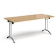 Rectangular folding leg table with chrome legs and curved foot rails 1800mm x 800mm - oak