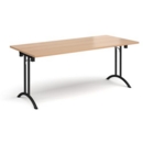 Rectangular folding leg table with black legs and curved foot rails 1800mm x 800mm - beech