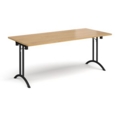 Rectangular folding leg table with black legs and curved foot rails 1800mm x 800mm - oak