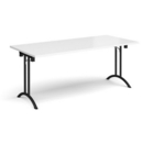 Rectangular folding leg table with black legs and curved foot rails 1800mm x 800mm - white