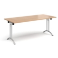 Rectangular folding leg table with silver legs and curved foot rails 1800mm x 800mm - beech