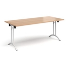 Rectangular folding leg table with white legs and curved foot rails 1800mm x 800mm - beech