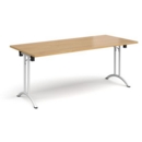 Rectangular folding leg table with white legs and curved foot rails 1800mm x 800mm - oak