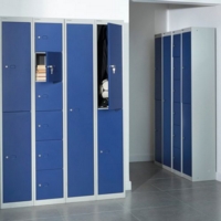 Bisley lockers with 1 door 305mm deep - grey with blue doors