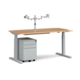 Elev8 Mono straight sit-stand desk 1600mm - silver frame and beech top with matching double monitor arm and steel pedestal and cable tray