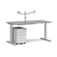 Elev8 Mono straight sit-stand desk 1600mm - silver frame and grey oak top with matching double monitor arm and steel pedestal and cable tray
