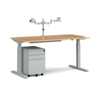 Elev8 Mono straight sit-stand desk 1600mm - silver frame and oak top with matching double monitor arm and steel pedestal and cable tray