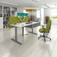 Elev8 Mono straight sit-stand desk 1600mm - silver frame and walnut top with matching double monitor arm and steel pedestal and cable tray