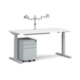 Elev8 Mono straight sit-stand desk 1600mm - silver frame and white top with matching double monitor arm and steel pedestal and cable tray
