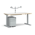 Elev8 Mono straight sit-stand desk 1600mm - silver frame/white top with oak edge with matching double monitor arm and steel pedestal and cable tray
