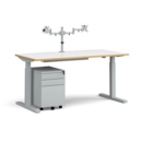 Elev8 Mono straight sit-stand desk 1600mm - silver frame/white top with oak edge with matching double monitor arm and steel pedestal and cable tray
