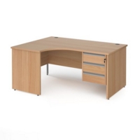 Contract 25 left hand ergonomic desk with 3 drawer silver pedestal and panel leg 1600mm - beech