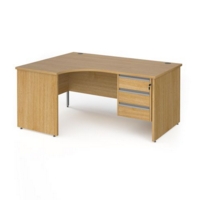 Contract 25 left hand ergonomic desk with 3 drawer silver pedestal and panel leg 1600mm - oak