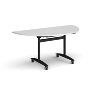 Semi circular deluxe fliptop meeting table with black frame 1600mm x 800mm - white