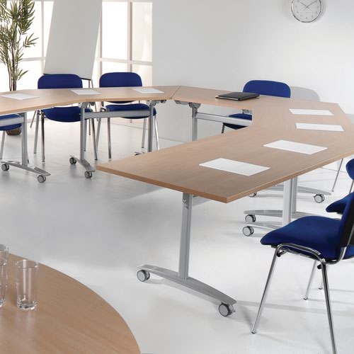 Semi circular deluxe fliptop meeting table with silver frame 1600mm x 800mm - beech