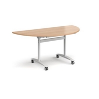 Semi circular deluxe fliptop meeting table with white frame 1600mm x 800mm - beech