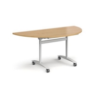 Semi circular deluxe fliptop meeting table with white frame 1600mm x 800mm - oak