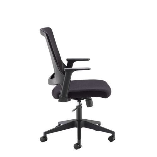 Duffy black mesh back operator chair with black fabric seat and black base