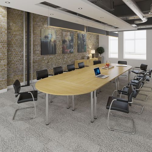 Circular silver radial leg meeting table 1000mm - oak