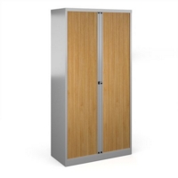 Bisley systems storage high tambour cupboard 1970mm high - silver with beech doors