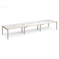 Adapt triple back to back desks 4800mm x 1200mm - silver frame and white top with oak edging