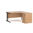 Maestro 25 right hand ergonomic desk 1400mm with black cantilever frame and desk high pedestal - beech