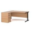 Maestro 25 left hand ergonomic desk 1600mm with black cantilever frame and desk high pedestal - beech