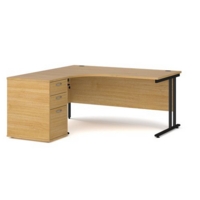 Maestro 25 left hand ergonomic desk 1600mm with black cantilever frame and desk high pedestal - oak