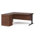 Maestro 25 left hand ergonomic desk 1600mm with black cantilever frame and desk high pedestal - walnut
