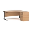 Maestro 25 right hand ergonomic desk 1600mm with black cantilever frame and desk high pedestal - beech