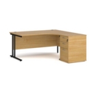 Maestro 25 right hand ergonomic desk 1600mm with black cantilever frame and desk high pedestal - oak