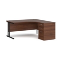 Maestro 25 right hand ergonomic desk 1600mm with black cantilever frame and desk high pedestal - walnut
