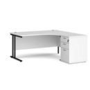 Maestro 25 right hand ergonomic desk 1600mm with black cantilever frame and desk high pedestal - white