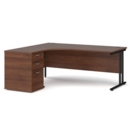 Maestro 25 left hand ergonomic desk 1800mm with black cantilever frame and desk high pedestal - walnut