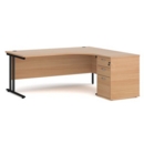 Maestro 25 right hand ergonomic desk 1800mm with black cantilever frame and desk high pedestal - beech