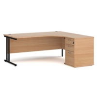 Maestro 25 right hand ergonomic desk 1800mm with black cantilever frame and desk high pedestal - beech