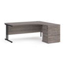 Maestro 25 right hand ergonomic desk 1800mm with black cantilever frame and desk high pedestal - grey oak