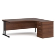 Maestro 25 right hand ergonomic desk 1800mm with black cantilever frame and desk high pedestal - walnut