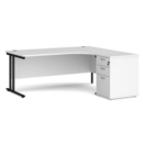 Maestro 25 right hand ergonomic desk 1800mm with black cantilever frame and desk high pedestal - white