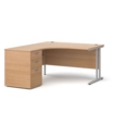 Maestro 25 left hand ergonomic desk 1400mm with silver cantilever frame and desk high pedestal - beech