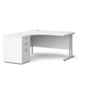 Maestro 25 left hand ergonomic desk 1400mm with silver cantilever frame and desk high pedestal - white