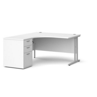 Maestro 25 left hand ergonomic desk 1400mm with silver cantilever frame and desk high pedestal - white