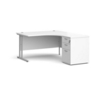 Maestro 25 right hand ergonomic desk 1400mm with silver cantilever frame and desk high pedestal - white