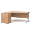 Maestro 25 left hand ergonomic desk 1600mm with silver cantilever frame and desk high pedestal - beech