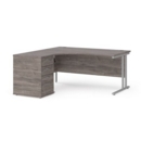 Maestro 25 left hand ergonomic desk 1600mm with silver cantilever frame and desk high pedestal - grey oak