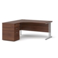 Maestro 25 left hand ergonomic desk 1600mm with silver cantilever frame and desk high pedestal - walnut
