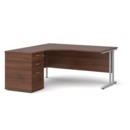 Maestro 25 left hand ergonomic desk 1600mm with silver cantilever frame and desk high pedestal - walnut