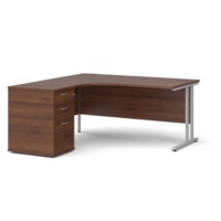 Maestro 25 left hand ergonomic desk 1600mm with silver cantilever frame and desk high pedestal - walnut